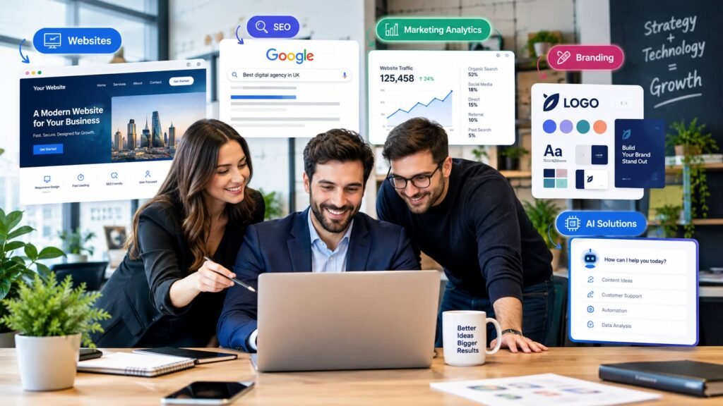 Alt Text: Modern UK business owner working with a digital agency on websites, SEO, marketing analytics, branding and AI solutions