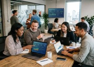 Digital marketing team collaborating on SEO, advertising and analytics strategies in a modern office