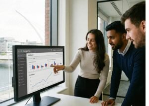 Digital marketing team reviewing Google Ads campaign performance and conversion data
