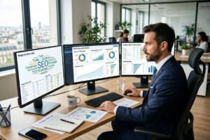 SEO analyst reviewing website traffic, keyword rankings and search performance on multiple monitors