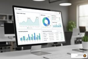 SEO analytics dashboard showing organic traffic, keyword rankings and website performance data